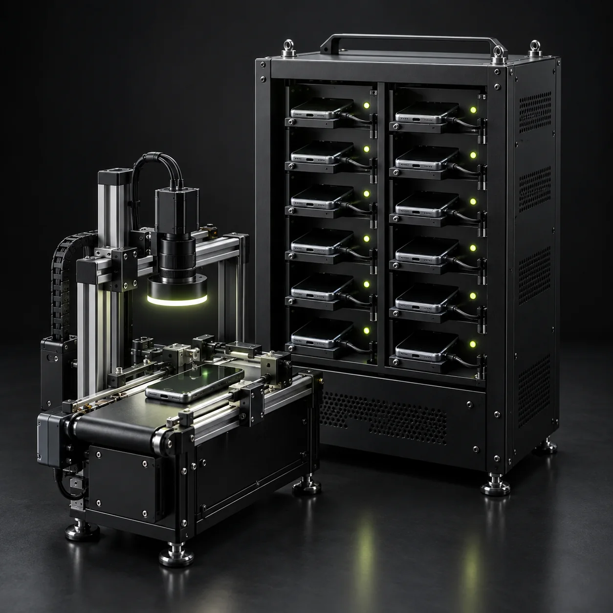 Concept illustration of an automated device charging rack and machine-vision inspection station